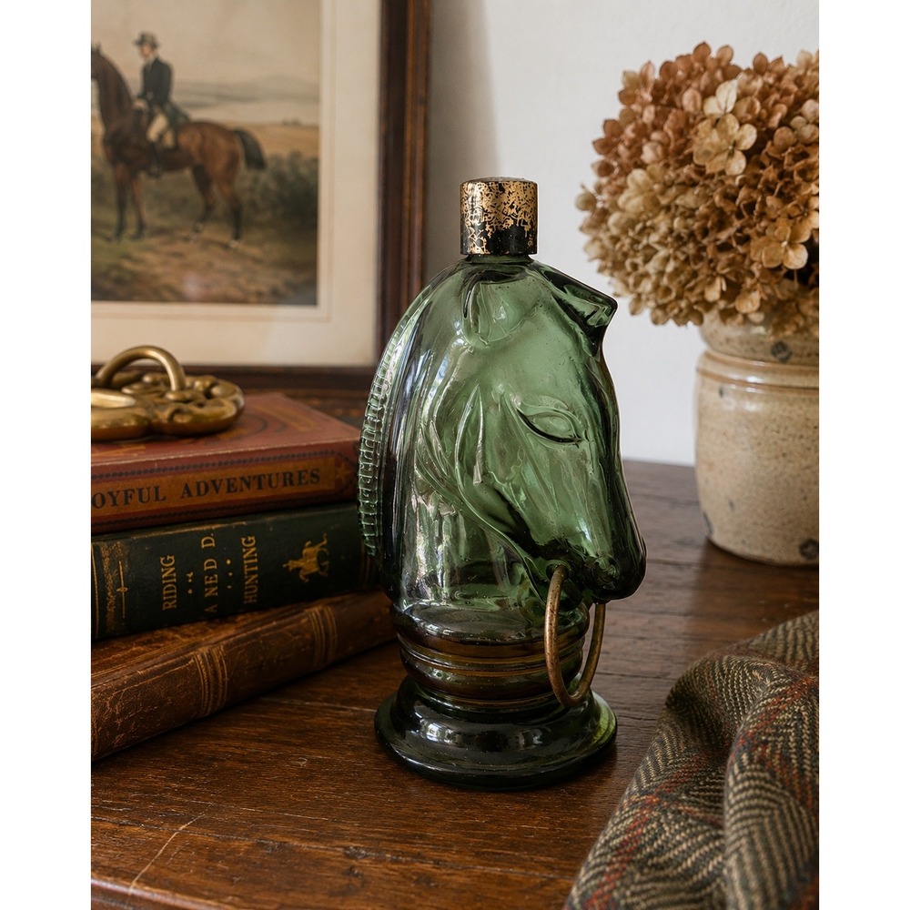 Vintage Avon Emerald Green Glass Horse Head Decanter with Metal Ring Bit